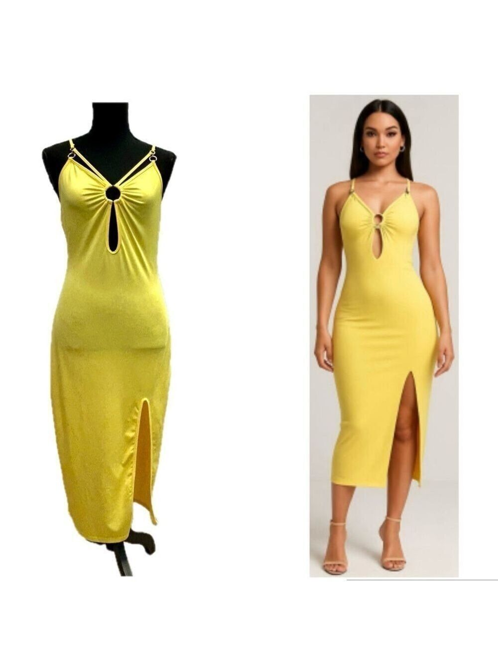 Forever 21 yellow spaghetti strap V-neck bodycon peep-hole midi dress front slit